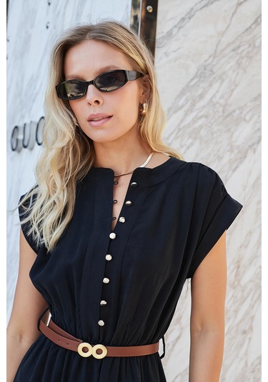 Kadın Yumuşak Dokulu İpeksi Modal Kumaş Hakim Yaka Beli Lastikli Önü Düğmeli Diz Altı Elbise-siyah Siyah Kadın Yumuşak Dokulu İpeksi Modal Kumaş Hakim Yaka Beli Lastikli Önü Düğmeli Diz Altı Elbise-siyah Siyah