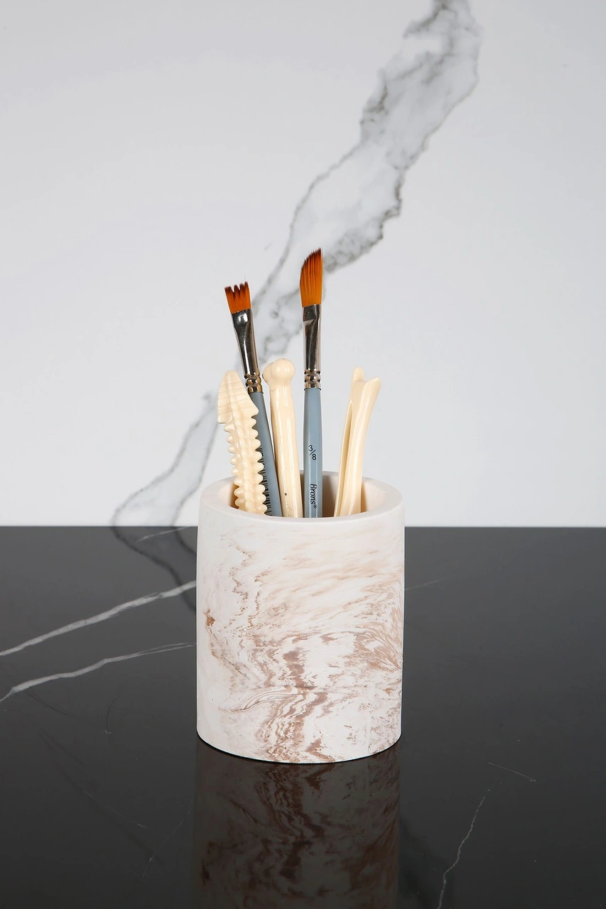 Mermer Desenli El Yapımı Beton Diş Fırçalık Banyo Tuvalet Diş Fırçalığı Bej