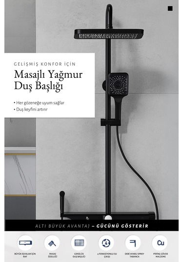 Zift Unique Premium Siyah Duş Sistemi Seti - 4 Fonksiyonlu Yağmur Duş Başlığı, Temperli Cam Raf, Masajlı El Duşu Siyah