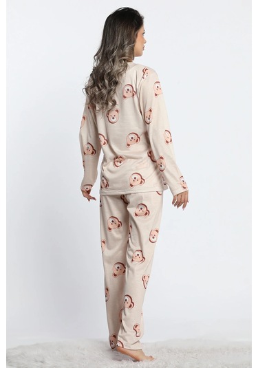 Kadın Bisiklet Yaka Uzun Kol Ayıcıklı Pijama Takımı Bej Lukitus Bej