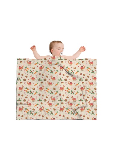 Noel Desenli Bebek Battaniyesi 40x30 İnç, Polar, Yumuşak, Hafif Ve Kalın Noel Deve Kızılcık