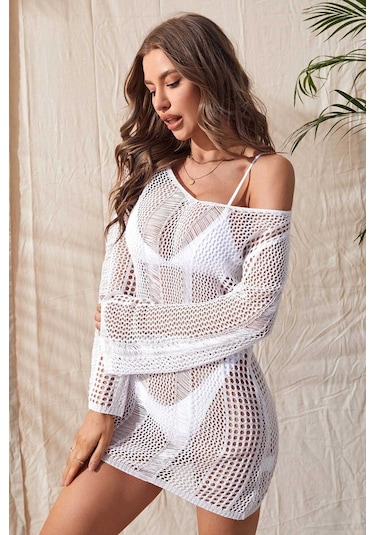 Angelsin Örme Pamuk Uzun Kollu Pareo Plaj Elbisesi Kimono Kaftan 001