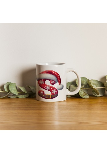 S Harfi Yılbaşı Temalı Bardak 330 Ml Harfli Kişiye Özel Hediye - Yeniyıl / Noel Şapka Tasarım Beyaz