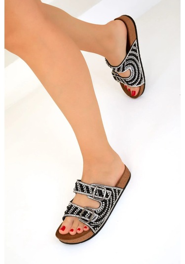 Yazlık Kadın Ortopedik Taşlı Havuz Günlük Çift Tokalı Terlik Siyah