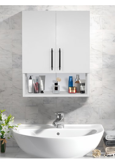 Ahşap Modern 2 Kapaklı Beyaz Lavabo Üstü Raflı Banyo Dolabı Beyaz