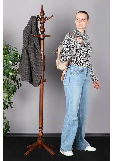 Refilya Masif Ahşap Tornalı Askılık Ceviz Cilalı Doğal