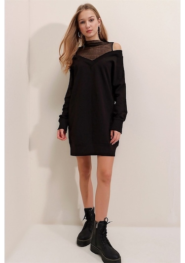 Aqe Fashion Kadın Siyah Tül Yaka Detaylı Elbise Siyah