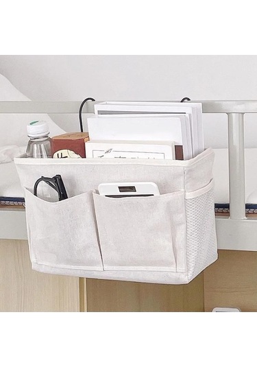 Novahub Yatak Başı Asılı Sepet Pamuk Ve Keten Kumaş Yatak Yanı Kanepe Asılı Saklama Çantası Yatak Yanı Raf Yurt Ve Daire Saklama Beyaz Beyaz