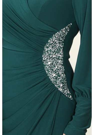 Taş Detaylı Lavinni Tesettür Abiye Elbise Zümrüt
