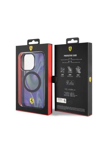 İphone Uyumlu 15 Pro Kılıf Ferrari Lisanslı Magsafe Uyumlu Transparan Renk Geçişli Iridescent Kapak Siyah
