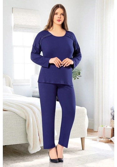 Faal 8809 Kadın Büyük Beden Uzun Kollu Dantel Detaylı Pijama Takım-lacivert Lacivert