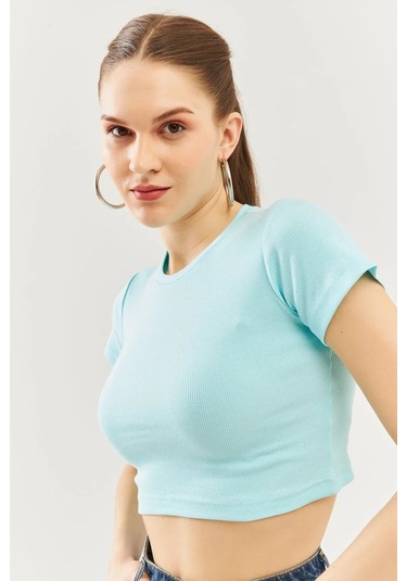 Kadın Kısa Kol Bisiklet Yaka Vücuda Oturan %100 Pamuklu Kaşkorse Esnek Crop Bluz Aqua