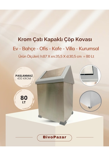 Krom Sallanır Çatı Kapaklı Çöp Kovası 80 Lt Krom