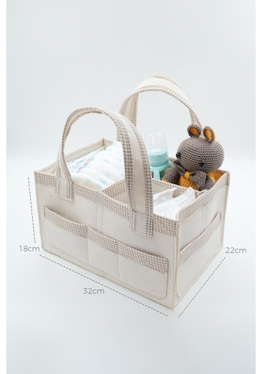 Jasper Kare Şeritli Keçe Anne Bebek Bakım Çantası Organizer Bej