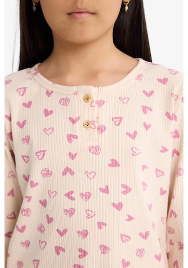 Defacto Kız Çocuk Pijama Takımı Fitilli Kaşkorse Kalp Desenli Uzun Kollu Üst Uzun Alt F7276a825aupn353 Pembe
