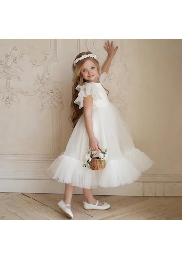 Lozere Kız Çocuk Amerikan Satenli Tüllü Abiye, Kız Çocuk Abiye, Mezuniyet Elbisesi Balo Elbisesi A.Yeşil