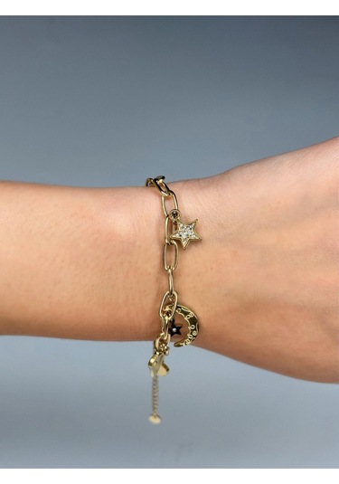 Altın Kaplama Yıldız, Ay Ve Kalp Figürlü Çelik Zincir Bileklik Altın