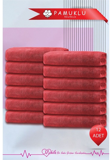12 Adet 50x90 Pamuk Havlu, Premium Havlu, Spor Havlusu, Fitness Havlusu, Berber Kuaför Havlusu Kırmızı