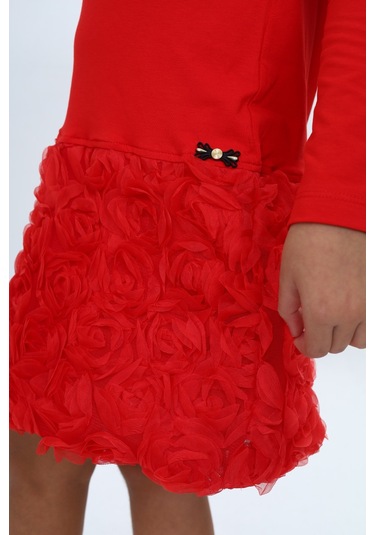 Toontoy Kız Çocuk Yaka Fırfır Etek 3d Güllü Elbise Kırmızı