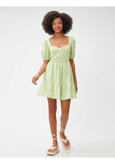 Koton Mini Çiçekli Elbise Balon Kollu Kalp Yaka Viskon Karışımlı Yeşil Desenli 3sal80017ıw 3SAL80017IW09C