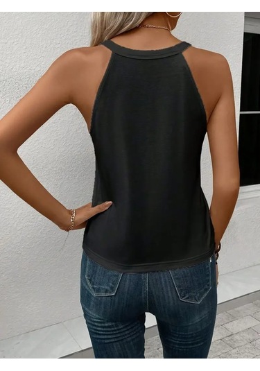 Kadın Omuzlardan Açık Boyundan Askılı Kalp Baskılı Viskon Bluz Siyah