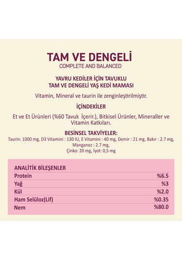 Tavuklu Yaş Konserve Yavru Kedi Maması, Jöle İçinde Parça Etli, 400 Gr X 12 Adet