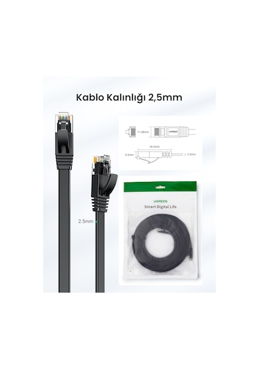 Ugreen Cat6 Flat Ethernet Kablosu, 3 Metre, Siyah, 50175 -