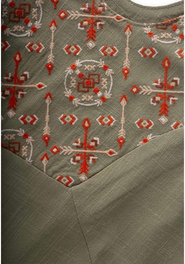 Cigit Roba Komple Nakışlı Keten Salopet 2-7 Yaş Haki Yeşil Haki