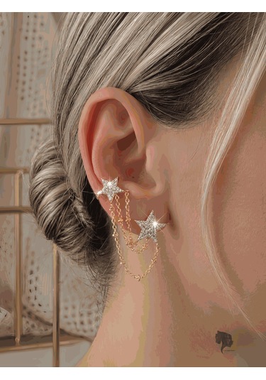 Yıldız Model Zirkon Taşlı Ear Cuff Kıkırdak Küpesi Gold