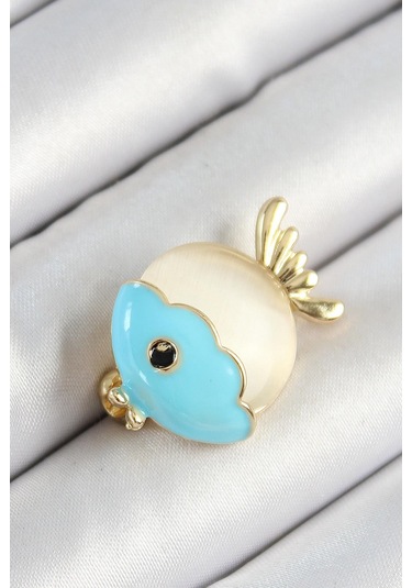 Mineli Turkuaz Ve Krem Balık Figürlü Gold Renk Kadın Broş Çok Renkli