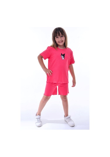 Ribana Beybi Overlok Detaylı Kuromi Nakışlı Alt-üst Takım Fuşya
