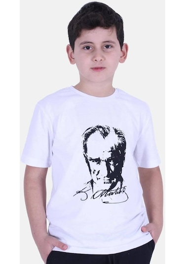 Atatürk Baskılı İmzalı Beyaz Unisex Çocuk T-shırt-beyaz Beyaz