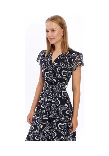 Apsen Kadın Gri Desen Kruvaze Yaka Midi Boy Şifon Elbise 4445-110 Gri