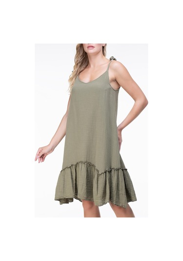 Askılı Müslin Serra Volanlı Kısa Elbise Haki Hk-haki