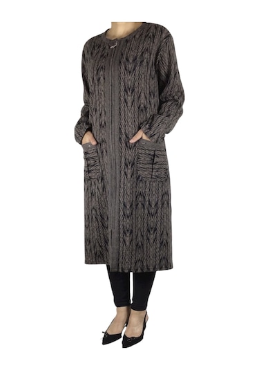 Kadın Önü Fermuarlı Üstten Cepli Kalın Kap Kahverengi