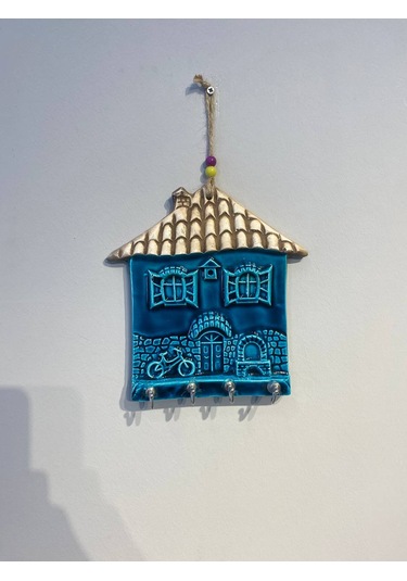 El Yapımı Nazar Boncuğu, Duvar Dekorasyon Ürünü, Seramik, El İşçiliği, Turkuaz Renkte Ev Desenli Anahtarlık -