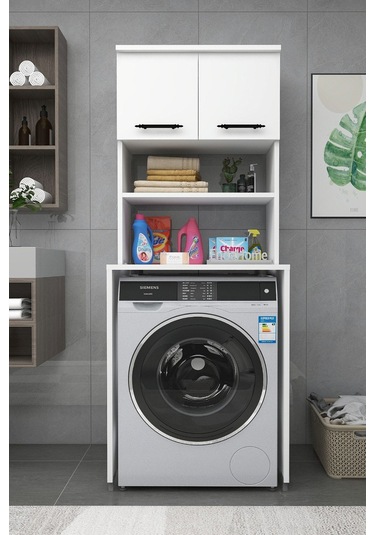 Enda Home Çamaşır Makinesi Dolabı 3 Raflı Kapaklı Banyo Dolabı Beyaz
