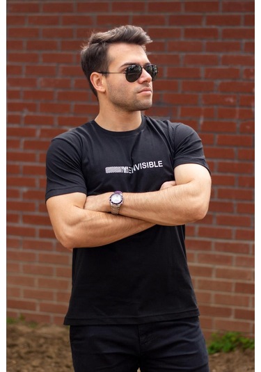 Erkek Siyah Invisible Yazı Baskılı Basic Kısa Kollu Bisiklet Yaka Tişört 20etshyunz 001