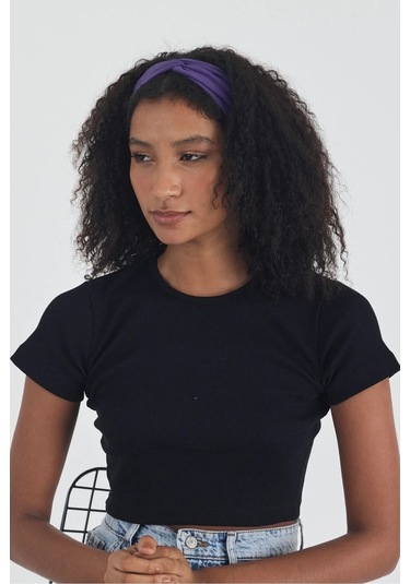 Siyah Kısa Kol Bisiklet Yaka Vücuda Oturan Kaşkorse Crop + Bandana Set %100 Pamumklu, Esnek Rahat Siyah-mor