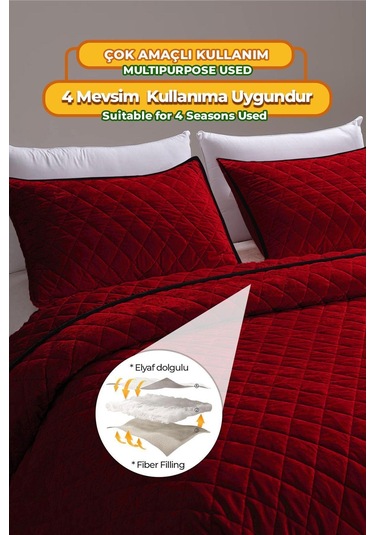 Evlen Home Kapitone Kadife Yatak Örtüsü Seti Tek Kişilik Supersoft 2 Parça Yumuşak Elyaf Dolgulu Kırmızı Kırmızı