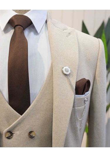 Beystil Sivri Yaka Krem Takım Elbise Elanor- Slim Fit Ekru