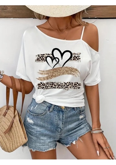 Modaserdem Kadın Tek Omuzu Açık Ip Askılı Baskılı Viskon Bluz Beyaz