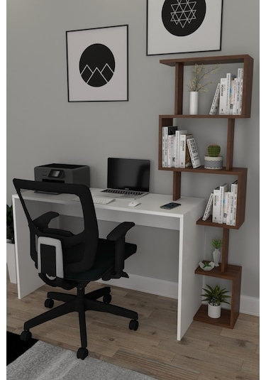 Moonlife Pratik Kitaplıklı Çalışma Masası Beyaz Ceviz