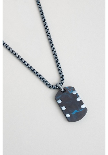 Karbon Fiber Detaylı 65 Cm Çelik Erkek Kolye Mavi