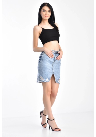 Açık Mavi Lazerli Yırtıklı Kar Yıkama Kot Etek 001