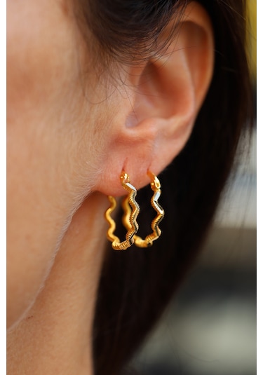 14 Ayar Altın Zikzak Ajda Model Halka Küpe Sarı Altın