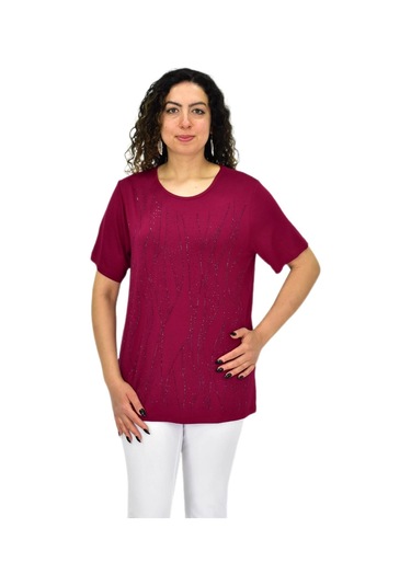 Kadın Viskon Taşlı Kısa Kol Bluz Bgl-st04679 Mürdüm