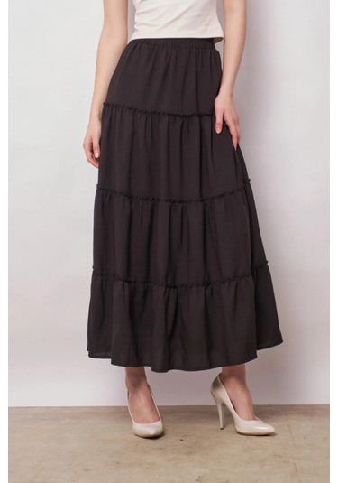 Kadın İç Göstermez Midi Boy Fırfırlı Beli Lastikli Etek -siyah Siyah