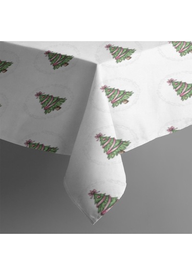 Noel Desenli Dikdörtgen Masa Örtüsü 60x84 İnç, Su Geçirmez Ve Leke Tutmaz Noel Ağacı Daire