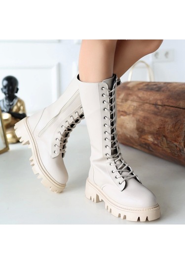 Uliza Bej Cilt Bağcıklı Kadın Çizme Bej